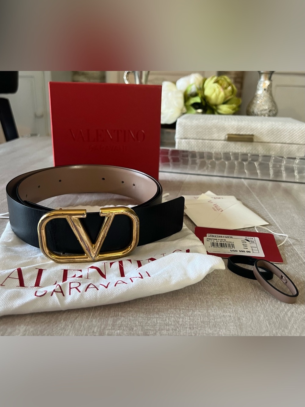 Valentino Garavani Black Leather Belt with Gold V Buckle
